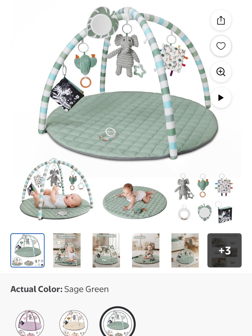 Baby Gear Sage Green Quilted Baby Play Gym with Hanging Toys